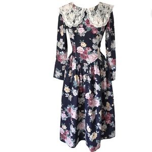 Gunne Sax 64016 Navy Floral Calico Collar Prairie Dress MIDI Cottagecore
